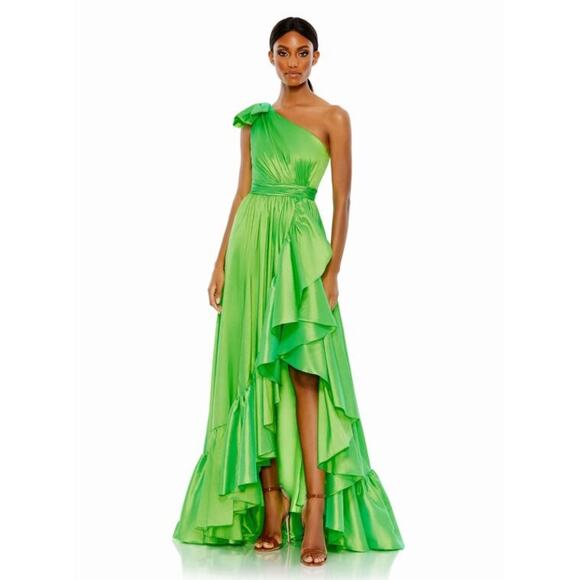 NWT Mac Duggal Spring Green One Shoulder Pleated Bodice Ruffle Hem Gown Size 0 - Picture 1 of 4
